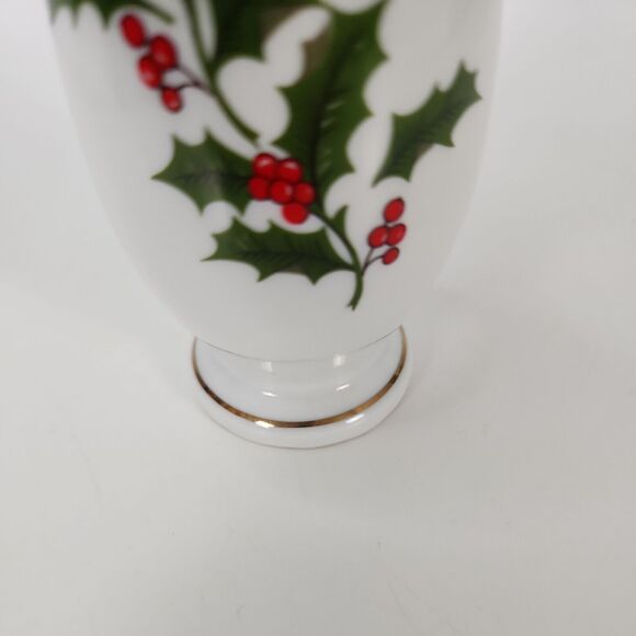 Bud Vase Christmas Holly Berry Holiday Decor White Porcelain 6 1/2" Gold Trim - Picture 11 of 11